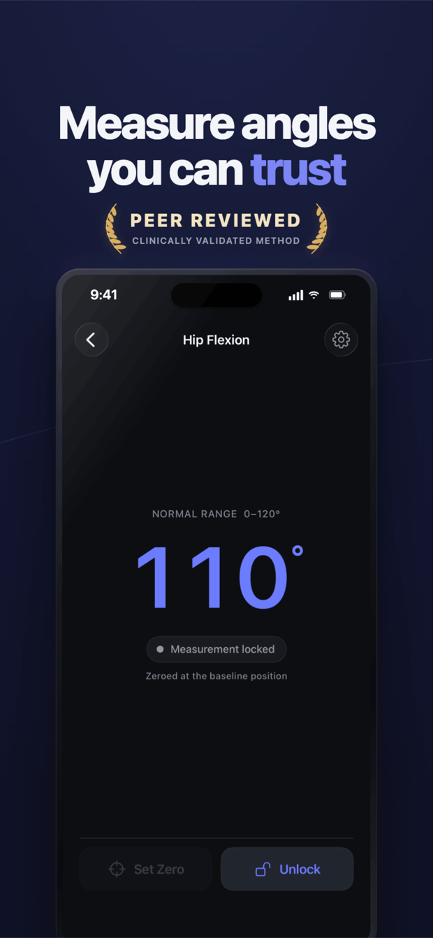 Goniometer app measuring hip flexion at 110 degrees on iPhone