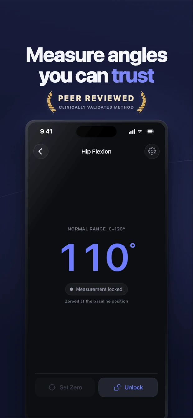 Goniometer app measuring hip flexion at 110 degrees on iPhone