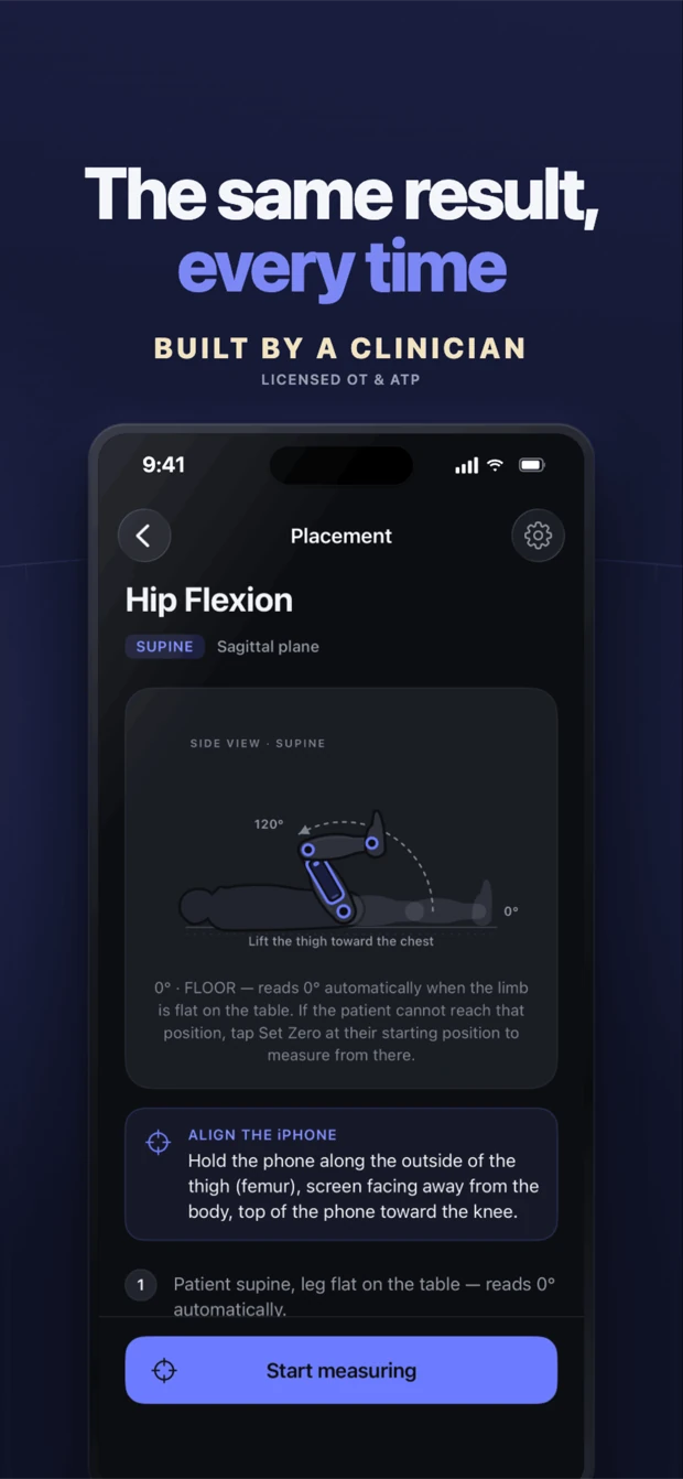 Hip flexion placement guide with Set Zero guidance for repeatable measurement