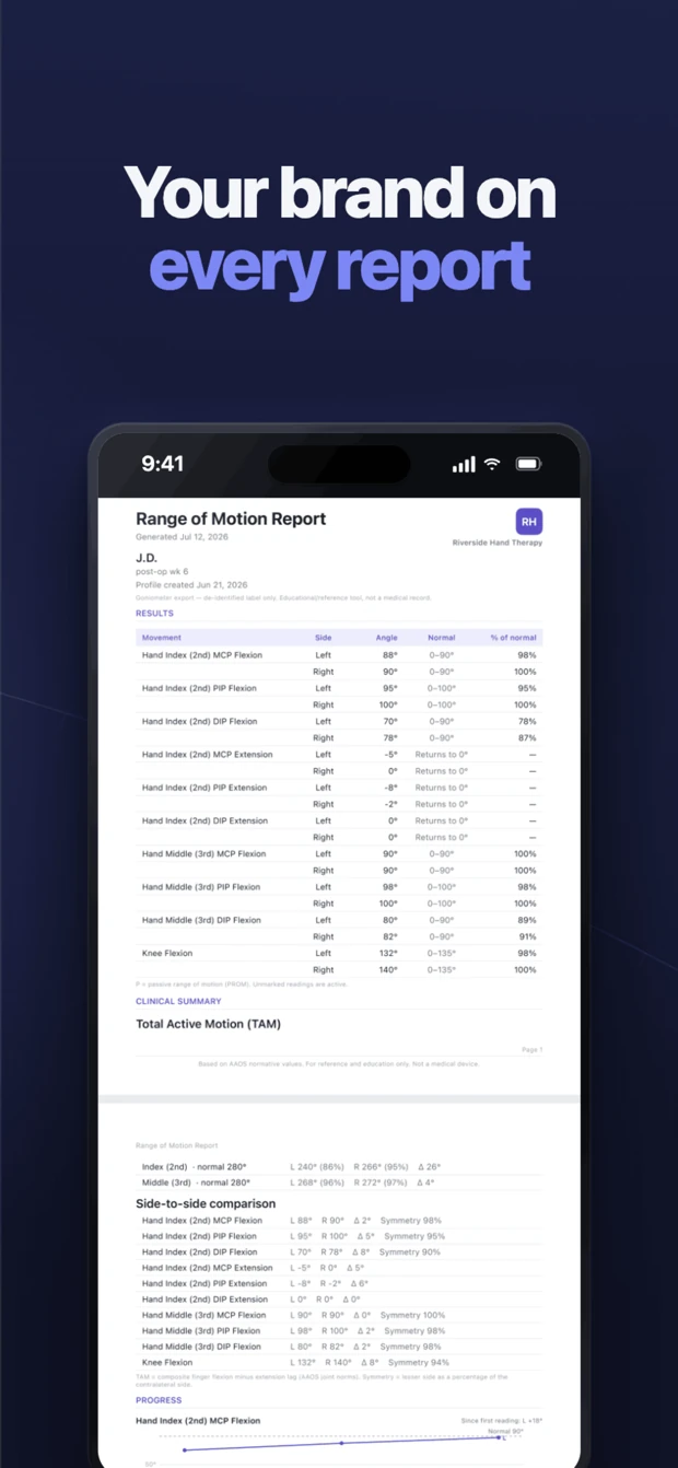 Range of motion report with your clinic name and logo on the letterhead