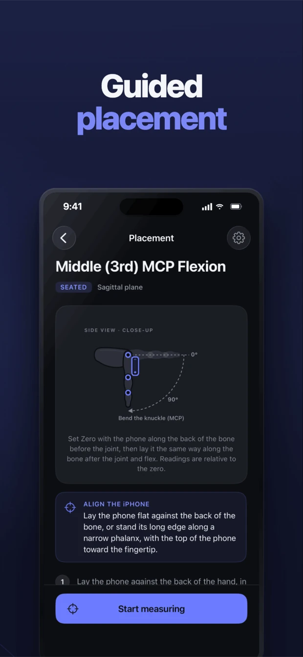 Guided phone placement for a finger MCP joint measurement