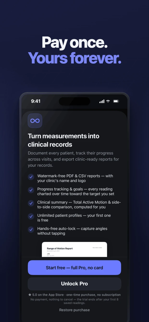 Goniometer Pro — try Pro free for your first 8 saved readings, then a one-time purchase with no subscription