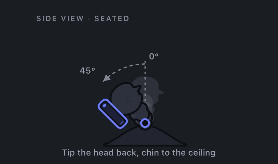 Cervical extension measurement: patient seated, head tipping back to look up, 0 to 45 degrees.