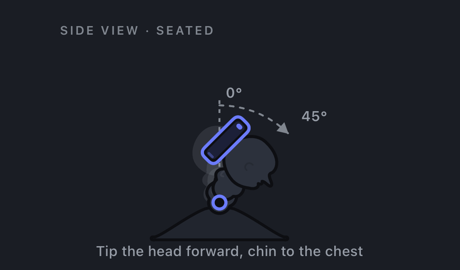 Cervical flexion measurement: patient seated, iPhone held against the side of the head, showing the 0 to 45 degree arc as the chin tips toward the chest.