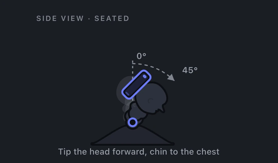 Cervical flexion measurement: patient seated, iPhone held against the side of the head, showing the 0 to 45 degree arc as the chin tips toward the chest.