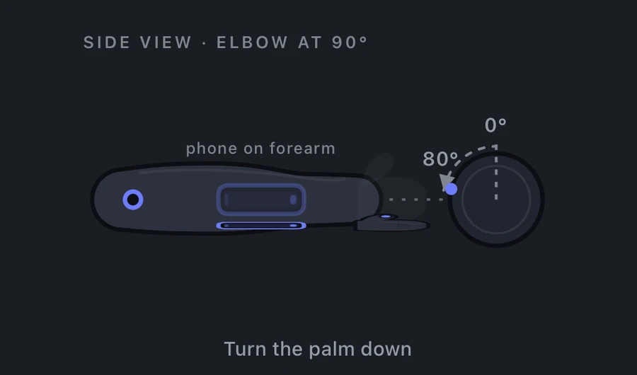 Forearm pronation measurement: elbow flexed to 90 degrees at the side, phone resting on the forearm, turning the palm down, 0 to 80 degrees.