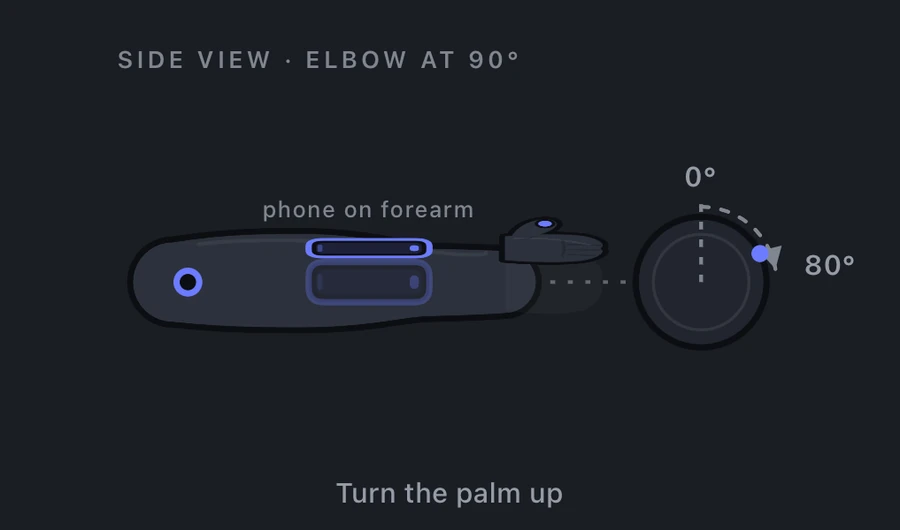 Forearm supination measurement: elbow flexed to 90 degrees at the side, phone resting on the forearm, turning the palm up, 0 to 80 degrees.