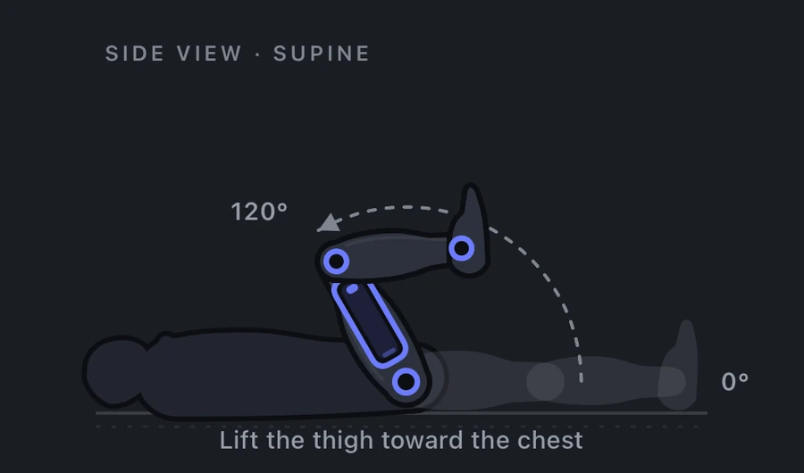 Hip flexion measurement: patient supine, iPhone along the thigh, showing the 0 to 120 degree arc as the thigh lifts toward the chest.