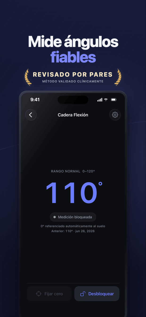 App Goniómetro midiendo flexión de cadera a 110 grados en un iPhone