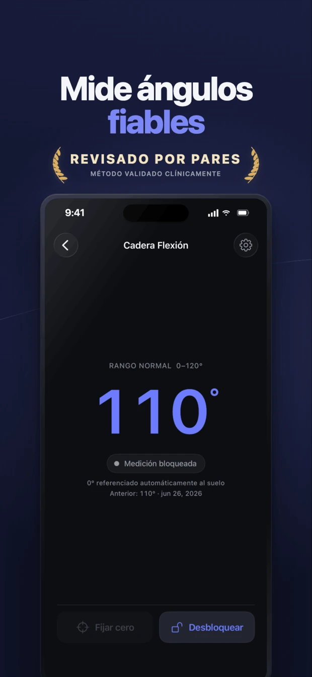 App Goniómetro midiendo flexión de cadera a 110 grados en un iPhone