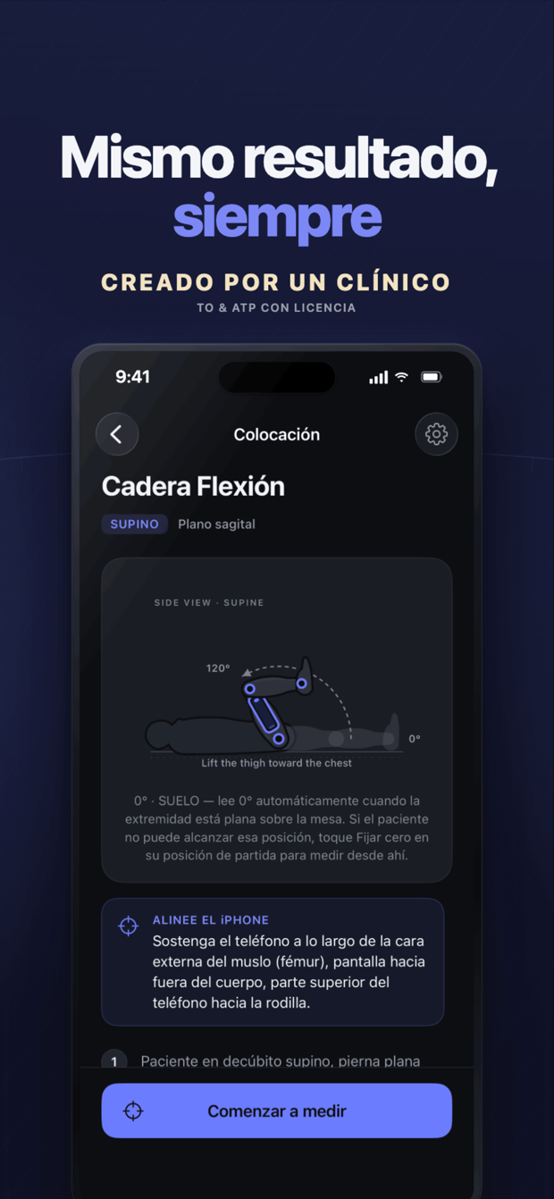Guía de colocación de flexión de cadera con Fijar cero para una medición repetible