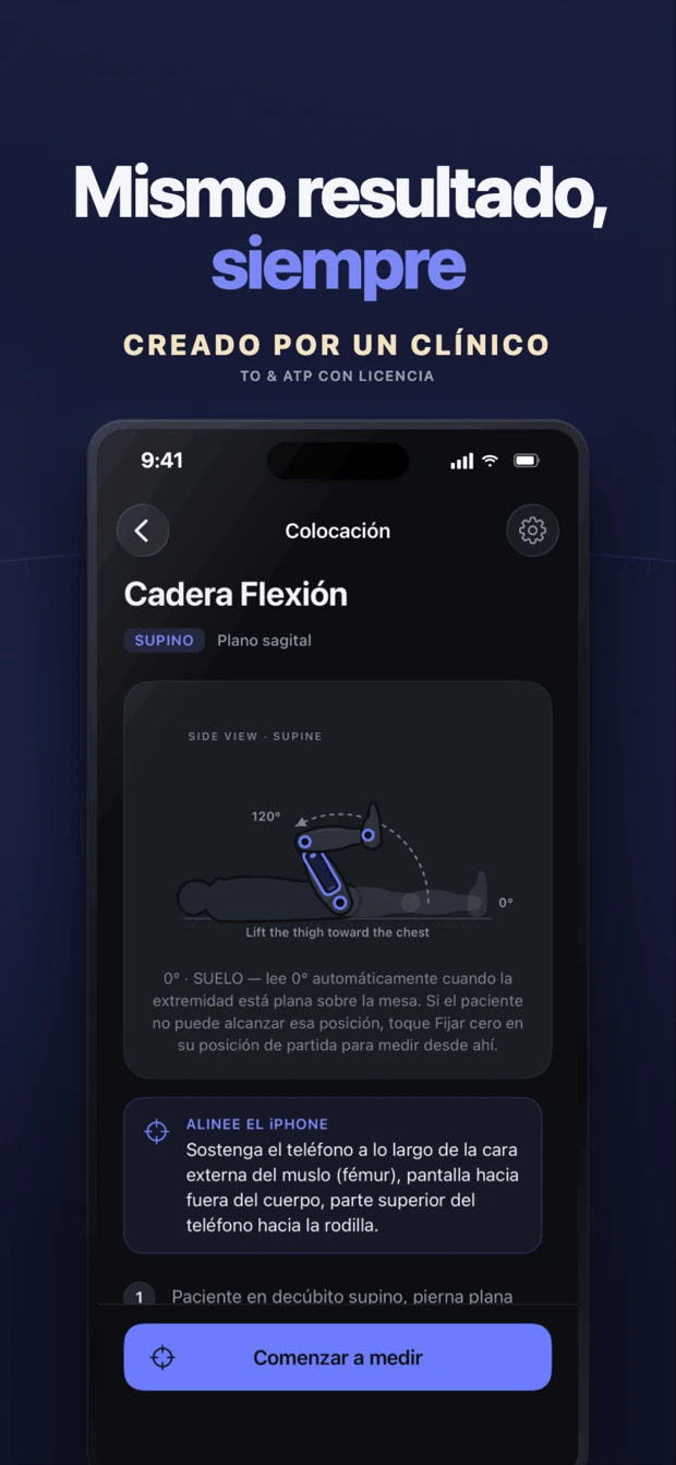 Guía de colocación de flexión de cadera con Fijar cero para una medición repetible