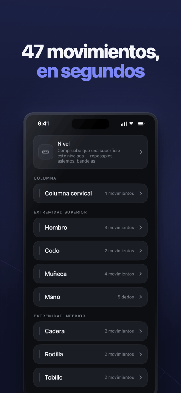 47 movimientos agrupados por región: columna, extremidad superior e inferior