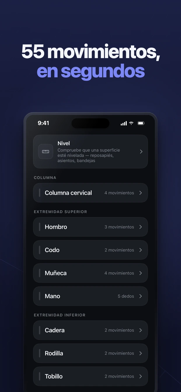 55 movimientos agrupados por región: columna, extremidad superior e inferior