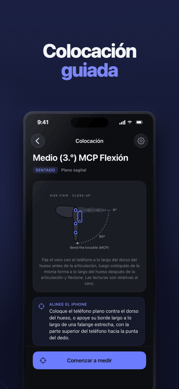 Colocación guiada del teléfono para medir una articulación MCF del dedo