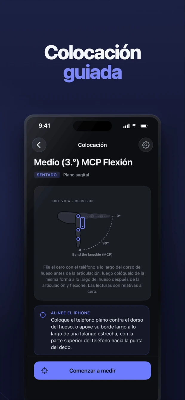 Colocación guiada del teléfono para medir una articulación MCF del dedo