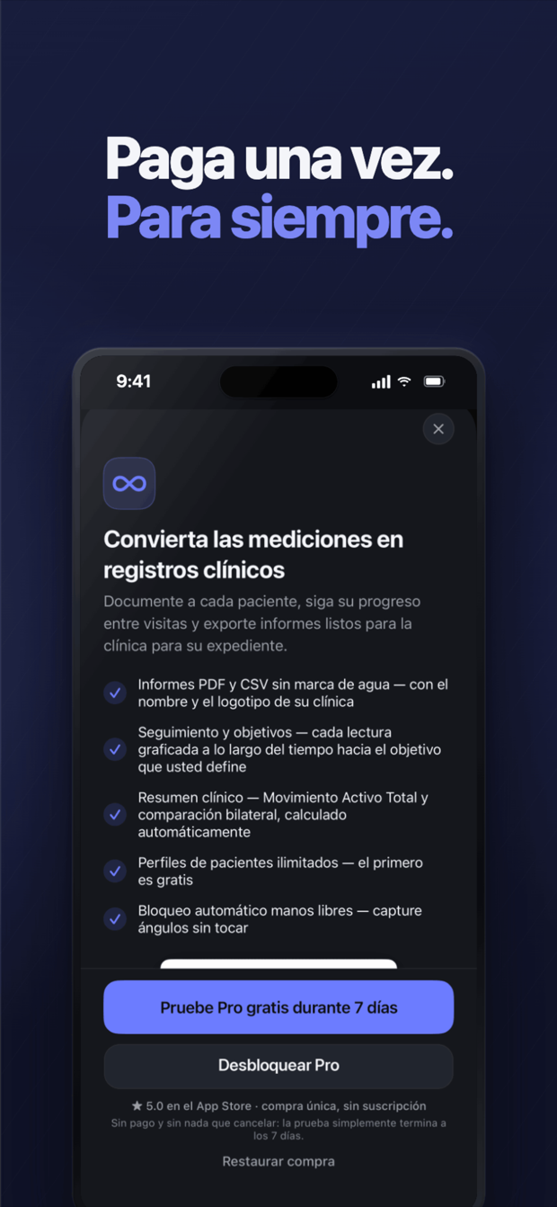 Goniometer Pro — pruebe Pro gratis 7 días, después una compra única sin suscripción