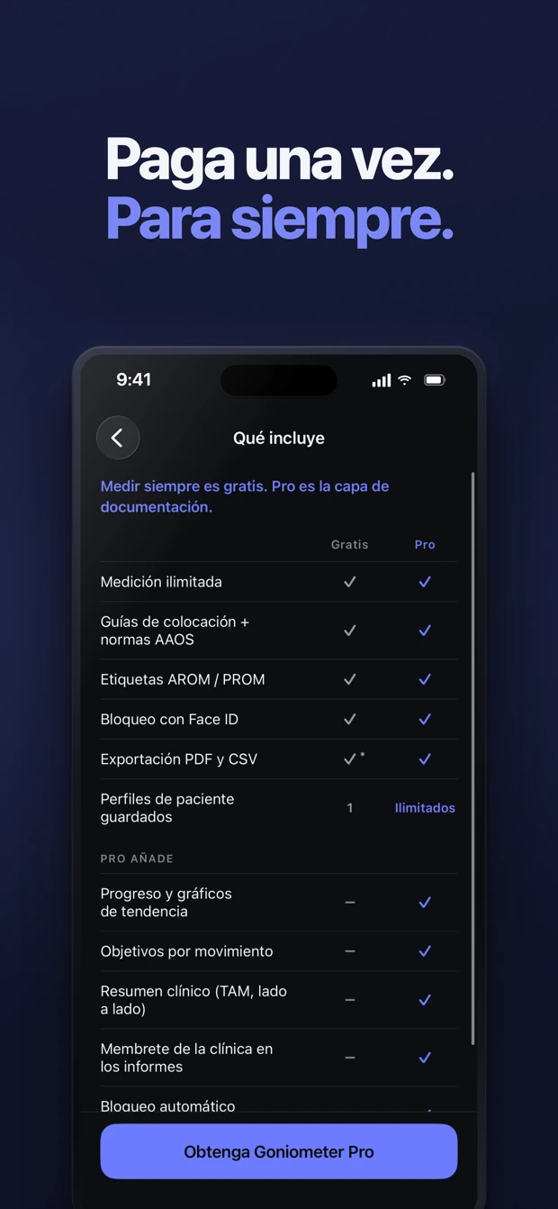 Goniometer Pro — una comparación gratis frente a Pro de lo que ofrece medir gratis y lo que añade Pro